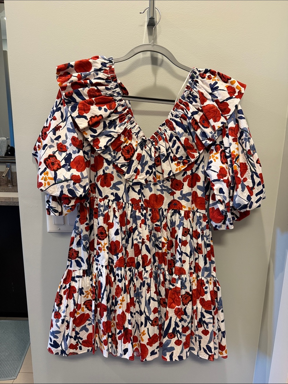 White Floral Ruffle Dress with Red & Navy Print